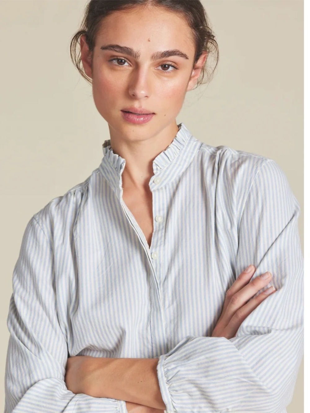 Trovata Birds of Paradis Sara B Henley Shirt Blue Oxford Stripe Small